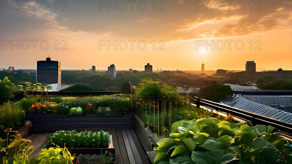 Urban rooftop garden brimming with verdant plants blossoming flowers embodying a sustainable city, AI generated