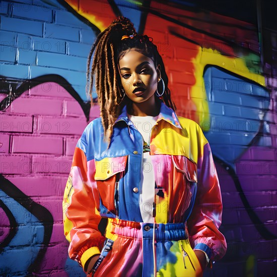90s fashion collection including overall neon windbreakers tie dye shirts arrayed against a vibrant grafiti wall, AI generated