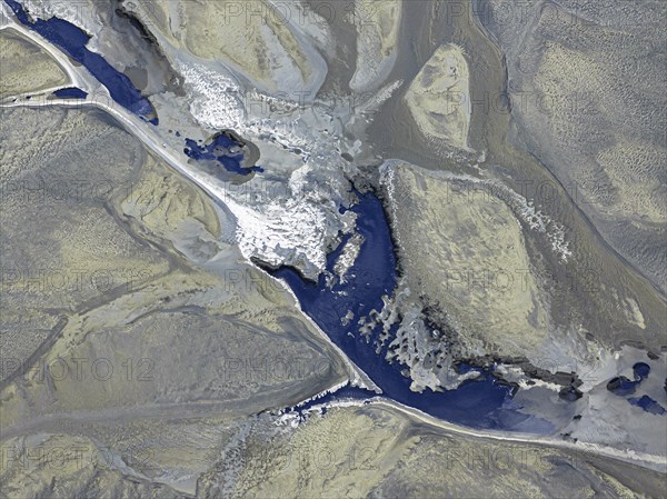 Overgrown river landscape, Eldhraun, near Kirkjubaejarklaustur, drone image, Sudurland, Iceland, Europe