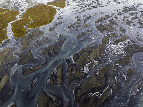 Overgrown river landscape, Eldhraun, near Kirkjubaejarklaustur, drone image, Sudurland, Iceland, Europe