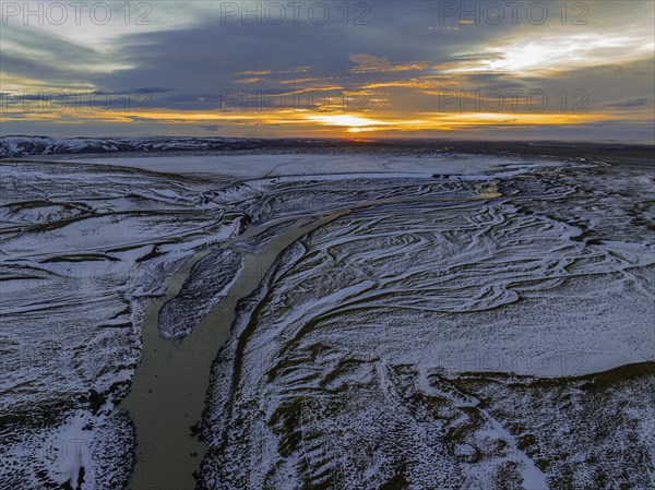 Overgrown river landscape, onset of winter, sunset, Fjallabak Nature Reserve, drone shot, Sudurland, Iceland, Europe
