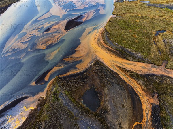 Overgrown mineralised river landscape, drone image, Landeyjasandur, Sudurland, Iceland, Europe