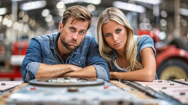 Serious factory workers frustrated in front of machinery, suggesting teamwork or a collaboration at work, AI generated