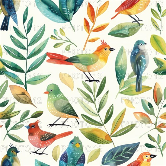 Seamless watercolor pattern featuring birds in various poses amidst foliage AI generated