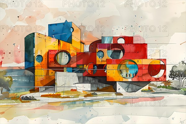 Playful and contemporary geometric architecture with bold colors in an abstract illustration, illustration, AI generated