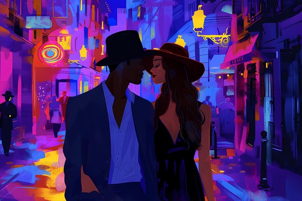 Silhouette of a couple enjoying a vibrant, colorful city nightlife scene, illustration, AI generated