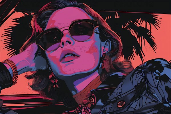 Retro-style illustration of a woman in sunglasses with neon pink and blue colors and palm trees, illustration, AI generated