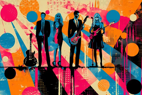 Vibrant illustration of a band performing with an abstract cityscape background, illustration, AI generated