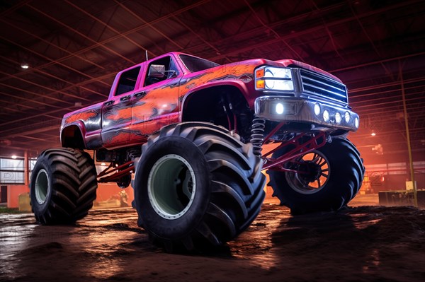 Monster truck illuminated by neon lights, excitement and thrill of an extreme sport and entertainment monster truck stunts racing show, AI generated
