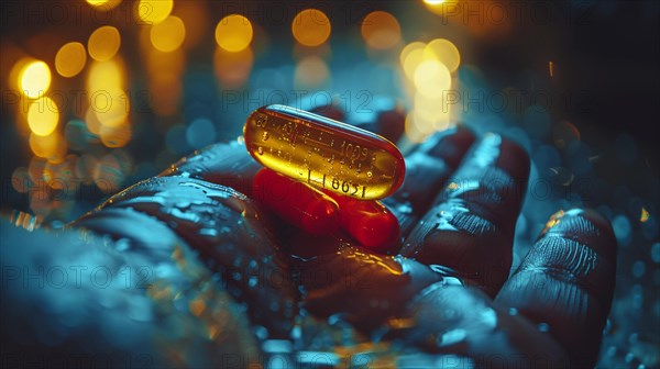 A close-up of a glowing nootropic capsule pill on a wet hand at night with light bokeh in the background, AI generated