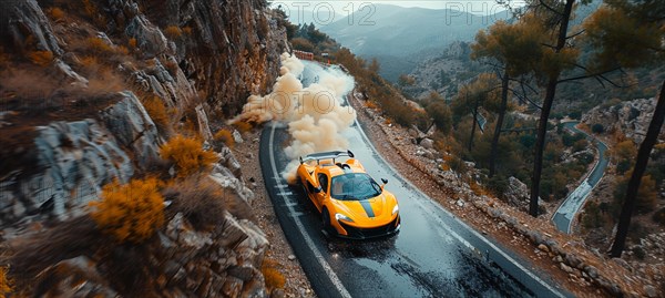Yellow sports car power sliding on a curvy mountain road in autumn, drone aerial view, AI generated