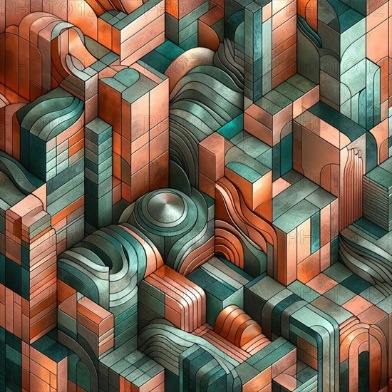 Abstract 3D geometric image with curved copper and teal pipes, AI generated