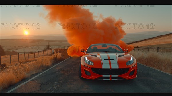A red sports car with racing stripes stands on an open road with orange smoke around it, AI generated