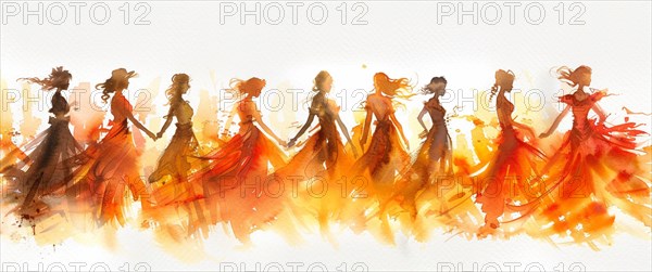 Artistic depiction of women in fiery-hued dresses dancing in a watercolor style, banner 3:1 wide style, horizontal aspect ratio, AI generated