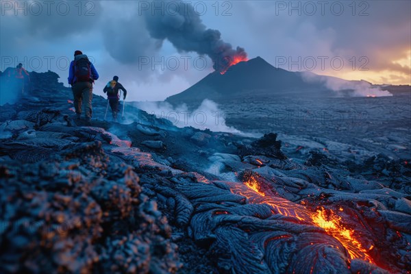 Tourists, hiking group, expedition, onlookers on the way to an active volcano, surrounded by hot, partially cooled lava flows, symbolic image for volcano tourism, disaster tourism, travel trends and the associated dangers, AI generated, AI generated, AI generated
