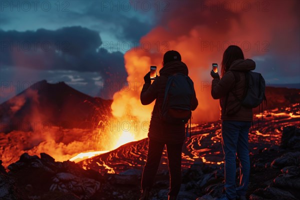 Tourists, onlookers photograph a spectacular volcanic landscape with liquid, partially cooled lava flows with their smartphones, symbolic image for volcano tourism, disaster tourism, travel trends and the associated dangers, AI generated, AI generated, AI generated