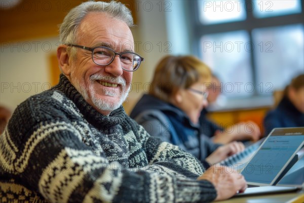 A man of advanced age, senior citizen, sitting with a digital tablet in a course room, training room, symbol image, digital teaching, learning environment, adult education centre, course, training course, learning in old age, media skills in old age, eLearning, media education, AI generated, AI generated, AI generated