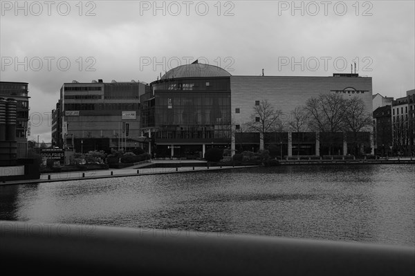 Building in the Mediapark, black and white, Cologne, Germany, Europe