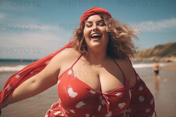 Plus size curvy woman with swimwear at beach. KI generiert, generiert, AI generated