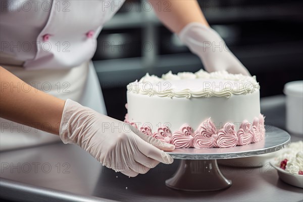 Hands in gloves of kitchen pastry chef working on cream cake. KI generiert, generiert, AI generated
