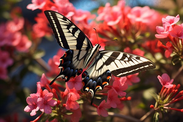 Zebra Swallowtail buttergly on pink flowers. KI generiert, generiert, AI generated