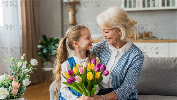 An elderly lady and a little girl smile at each other with a bouquet of tulips in their hands, AI generated, AI generated