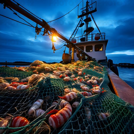 Commercial fishing net cascading onto the dock overflowing with caught shrimp fish and incidentally bycatch, AI generated, deep sea, fish, squid, bioluminescent, glowing, light, water, ocean