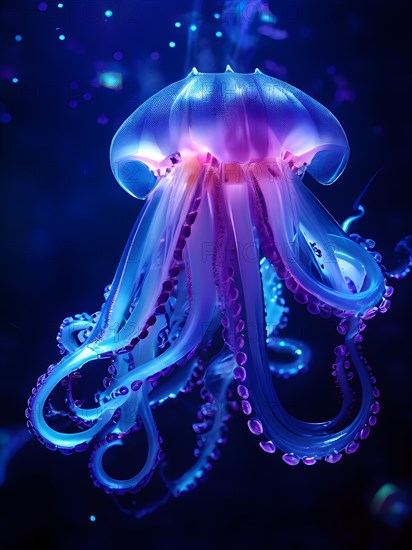 Vampire squid with bioluminescent filaments, AI generated, deep sea, fish, squid, bioluminescent, glowing, light, water, ocean