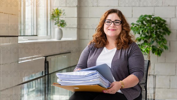 A cheerful woman with glasses and files enjoys the sun in the office, symbol bureaucracy, AI generated, AI generated