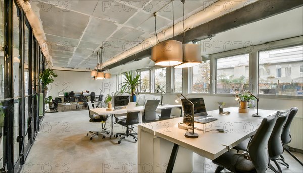 Inviting office with natural lighting, illuminated by elegant pendant luminaires, symbol office, AI generated, AI generated