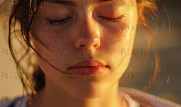 Thoughtful woman with closed eyes in a gentle light, appearing meditative AI generated