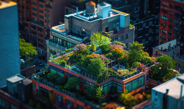 An aerial view of a densely vegetated rooftop garden overlooking city architecture AI generated