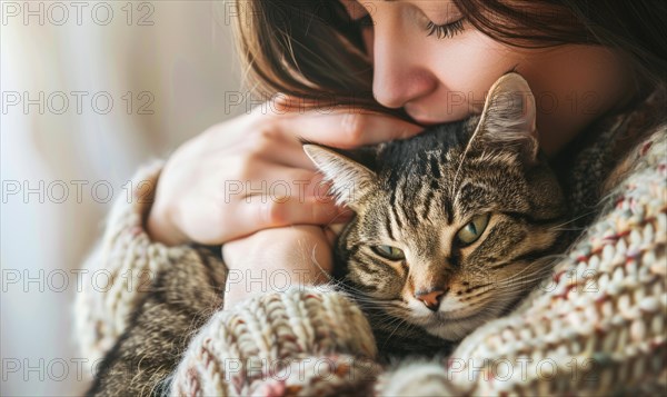 Woman embracing a cat, symbolizing comfort and contentment AI generated