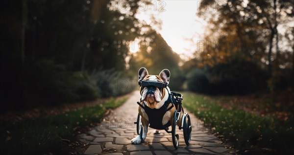 Dog in a wheelchair, pet rehabilitation in technological virtual reality glasses, blind dog, AI generated