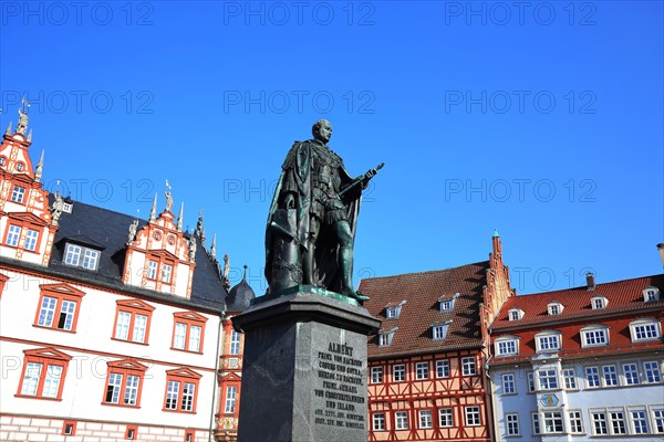 The historic old town centre of Coburg with a view of the statue of Albert Prince of Saxony. Coburg, Upper Franconia, Bavaria, Germany, Europe