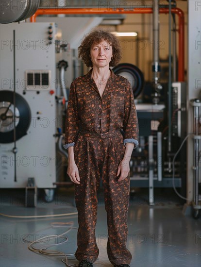 Confident technician in a patterned jumpsuit standing in front of industrial machinery with vibrant colors, AI generated