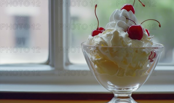 Sundae topped with cherries and whipped cream, closeup view, selective focus AI generated