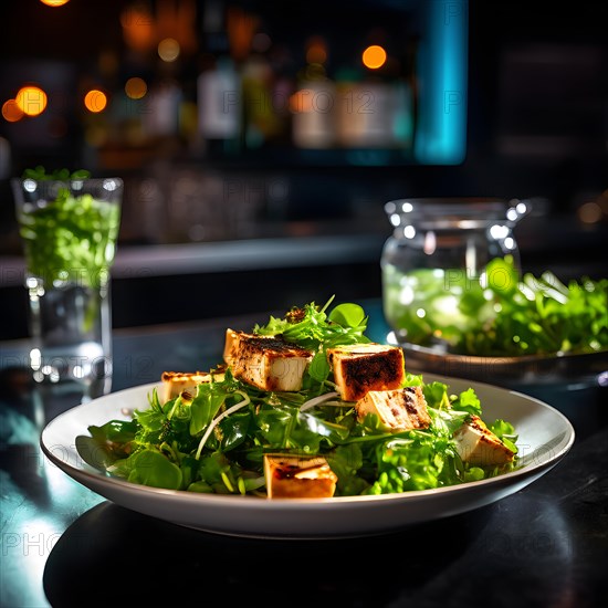 Savory tofu and greens salad showcased on a polished bar counter in neon lights, AI generated