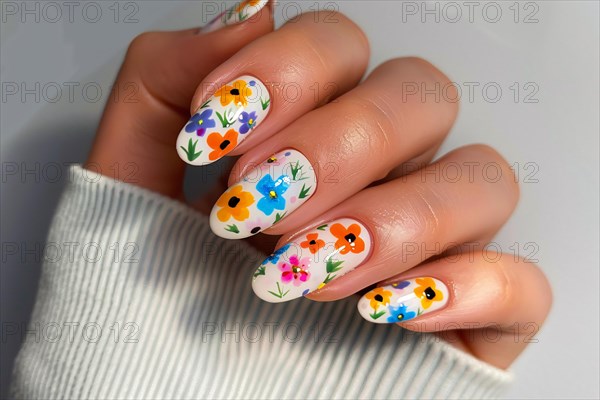 Woman's fingernails with small colorful flower nail art design. KI generiert, generiert, AI generated