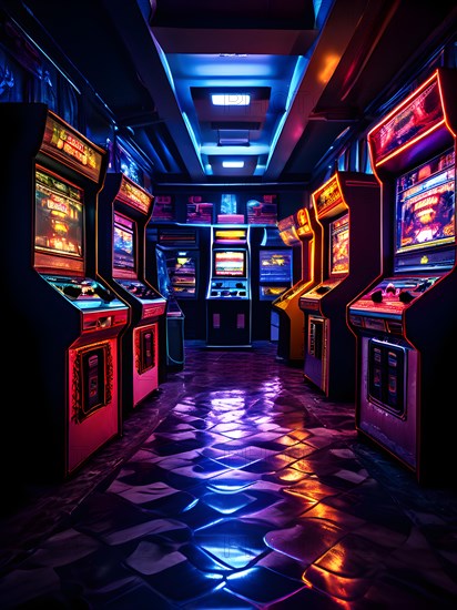 Moody dimly lit arcade room filled with vintage video game cabinets and neon lights, AI generated