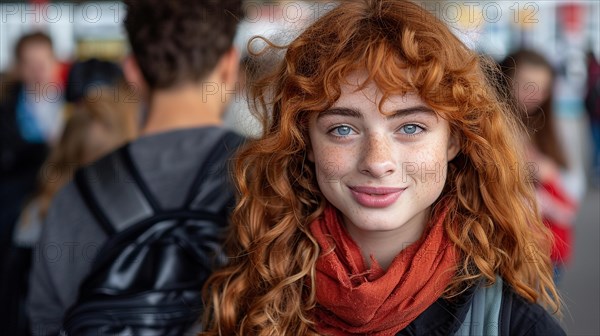 Candid portrait of a smiling young woman with redhead and freckles in a school setting, AI generated