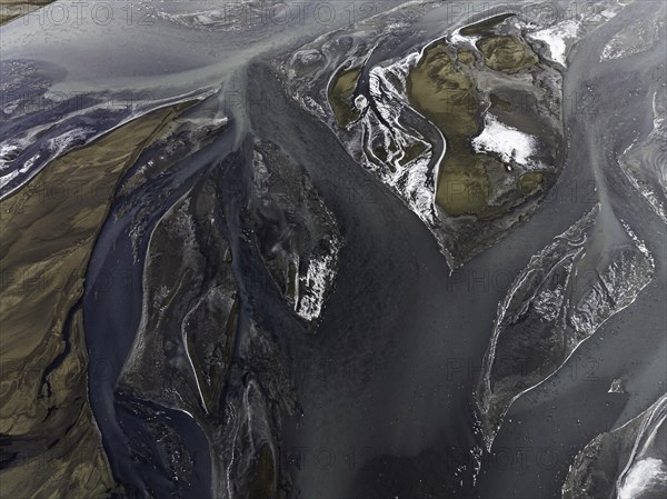 Overgrown river landscape, Eldhraun, near Kirkjubaejarklaustur, drone image, Sudurland, Iceland, Europe