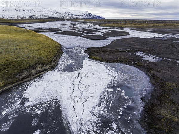 Overgrown river landscape, Fjallabak Nature Reserve, drone shot, Sudurland, Iceland, Europe