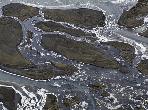 Overgrown river landscape, Fjallabak Nature Reserve, drone shot, Sudurland, Iceland, Europe