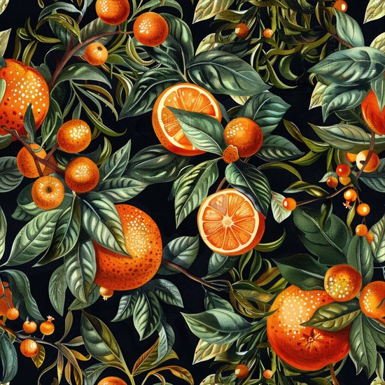 Watercolor seamless pattern with detailed oranges and fruits in a rich and vibrant arrangement AI generated