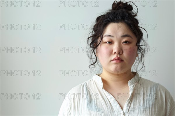 Asian plus size woman in front of light gray background with copy space. KI generiert, generiert, AI generated