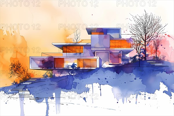 Stylish modern house depicted in transparent and colorful watercolor style, illustration, AI generated