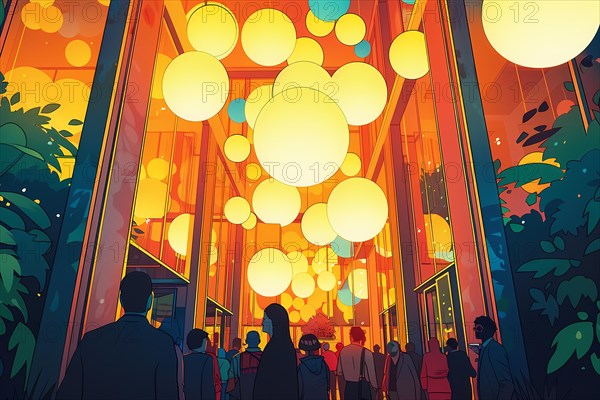 Indoor space with hanging lanterns and people gathered, creating a warm ambiance, illustration, AI generated