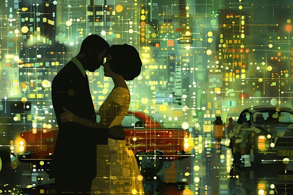 Silhouetted couple kissing against a digital art cityscape sparkling with night lights, illustration, AI generated