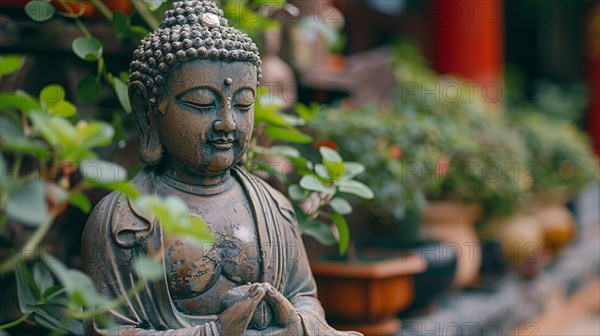 A Buddha statue in a peaceful green setting indicative of a zen garden, image depicting relaxation, recreation, serenity, naturalness, meditation, enjoyment concepts, AI generated